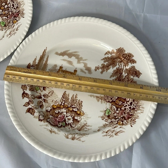 VINTAGE Castle On The Lake Johnson Bros England 2 Dinner Plates Ironstone Brown - Picture 9 of 10